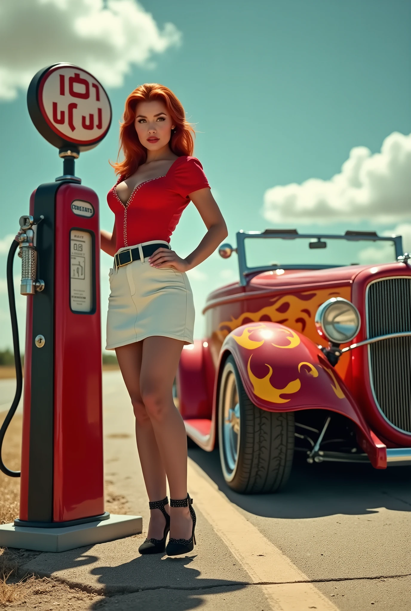 Wide-angle shot of a sizzling 1950s scene: a ravishing redheaded pin-up girl stands provocatively by a vintage gas pump at a full-service station on America's iconic Route 66. Her luscious locks are styled in a nostalgic '50s pin-up art flair, accentuating her hourglass figure and curvaceous silhouette. She sports a fitted white skirt, a bold red blouse with tantalizing cleavage, and black pantyhose with a garter belt and ankle-strap heels. The stunning roadster, a 1932 Ford hot rod, gleams in the sunlight, its orange and yellow flames burning bright against the backdrop of Route 66's open highway. retina, accurate, masterpiece, super detail, high details, best quality, award winning, highres, HD, 4K, 8k, 16k, realistic