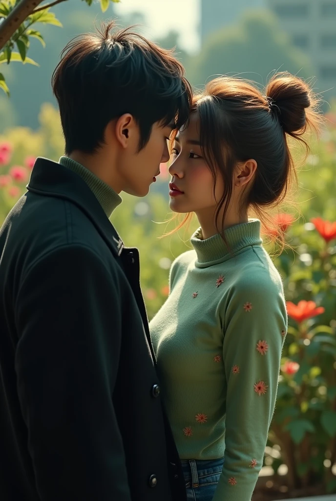 a beautiful japanese woman with messy bun highlighted brown hair, turtle neck light green floral print inner top and blue jeans skirt, the woman is istting in a rooftop garden, the woman's face was sulky and the man persuaded her. the man is handsome japanese man wearing void black coat, turtle neck inner top. particles and nice lighting, UHD, HDR, 8k, Masterpiece, close up, realistic, hyper realisitc, over shoulder shot, facing camera