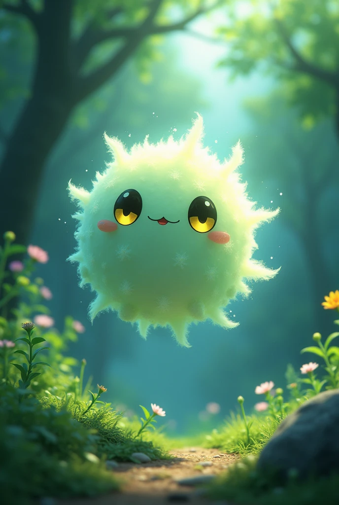 (Soul eater soul), round, no legs, soul eater art style, made of soul, soft aura, adorable, semi realistic, ghibli, princess mononoke, spirit, excited eyes