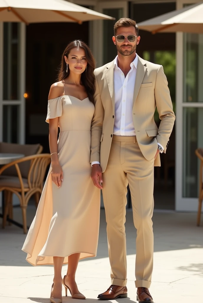 Create a color combination of a couple outfit with beige 