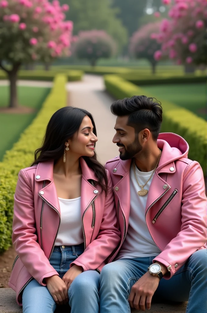 realistie real desi indian girl and boy Romentic and Sitting for park And the girl is very cute and the girl is wearing stylish pink leather hoddi and the boy is wearing a pink stylish leather hoddi and there is a park in the background