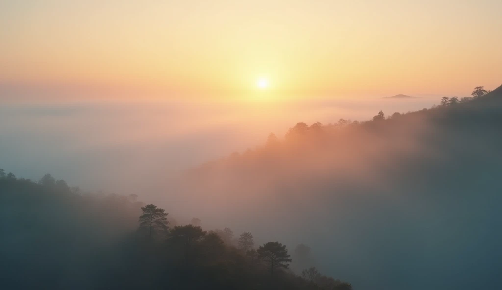(background 4k),(high resolution),The sea of fog in the morning, the beauty of the dawn that welcomes us to travel to a new day with warmth. The cold air and the coolness that comes mixed with the rising sun to take us into another period of life. The scent of the sea of fog in the morning, the beauty that nature has created, the sky full of romance, the warm atmosphere, the fog that is lined up like the sea, the warm light spreading all over the area, the sound of birds singing like a clock from nature, giving a signal to start and telling us how beautiful the image in front of us and around us is, the freshness that is beyond description. ,Beautifully detailed,Be natural,The intricate play of light,Professional Photographer,Have clarity,dramatic,Awarded globally,Cinematic lighting,(film grain,bokeh,depth of field)