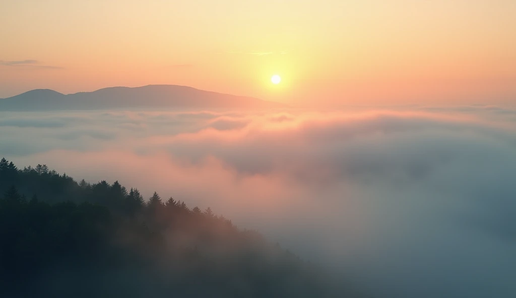 (background 4k),(high resolution),The sea of fog in the morning, the beauty of the dawn that welcomes us to travel to a new day with warmth. The cold air and the coolness that comes mixed with the rising sun to take us into another period of life. The scent of the sea of fog in the morning, the beauty that nature has created, the sky full of romance, the warm atmosphere, the fog that is lined up like the sea, the warm light spreading all over the area, the sound of birds singing like a clock from nature, giving a signal to start and telling us how beautiful the image in front of us and around us is, the freshness that is beyond description. ,Beautifully detailed,Be natural,The intricate play of light,Professional Photographer,Have clarity,dramatic,Awarded globally,Cinematic lighting,(film grain,bokeh,depth of field)