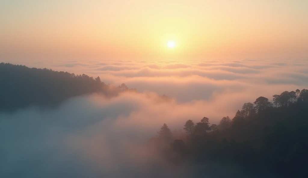 (background 4k),(high resolution),The sea of fog in the morning, the beauty of the dawn that welcomes us to travel to a new day with warmth. The cold air and the coolness that comes mixed with the rising sun to take us into another period of life. The scent of the sea of fog in the morning, the beauty that nature has created, the sky full of romance, the warm atmosphere, the fog that is lined up like the sea, the warm light spreading all over the area, the sound of birds singing like a clock from nature, giving a signal to start and telling us how beautiful the image in front of us and around us is, the freshness that is beyond description. ,Beautifully detailed,Be natural,The intricate play of light,Professional Photographer,Have clarity,dramatic,Awarded globally,Cinematic lighting,(film grain,bokeh,depth of field)