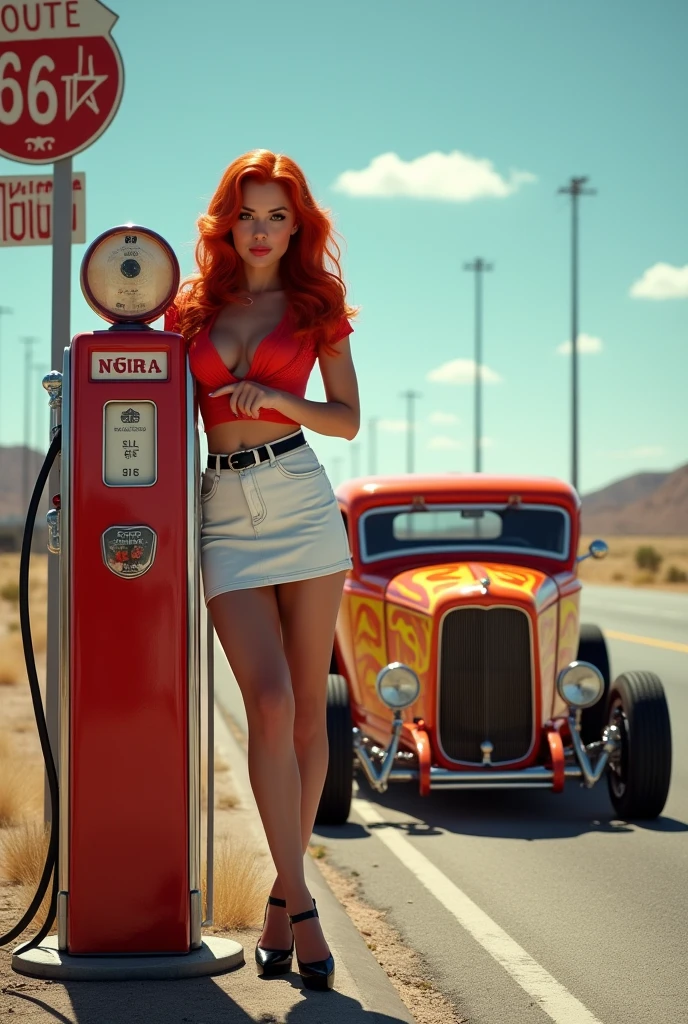 Wide-angle shot of a sizzling 1950s scene: a ravishing redheaded pin-up girl stands provocatively by a vintage gas pump at a full-service station on America's iconic Route 66. Her luscious locks are styled in a nostalgic '50s pin-up art flair, accentuating her hourglass figure and curvaceous silhouette. She sports a fitted white skirt, a bold red blouse with tantalizing cleavage, and black pantyhose with a garter belt and ankle-strap heels. The stunning roadster, a 1932 Ford hot rod, gleams in the sunlight, its orange and yellow flames burning bright against the backdrop of Route 66's open highway. retina, accurate, masterpiece, super detail, high details, best quality, award winning, highres, HD, 4K, 8k, 16k, realistic