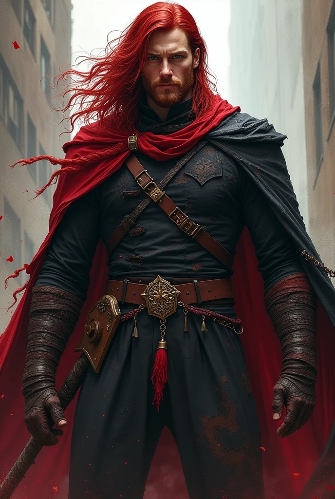 Morgan, the Crimson Red, is a towering figure at 1.92 meters, with striking, long red hair that flows down to his shoulders in wild, untamed locks. His clean-shaven face exudes both rugged strength and a calm, noble demeanor, highlighting his sharp, distinguished features.

He wears a black military lieutenant uniform, which bears the scars of countless battles. His outfit is tattered, with one sleeve of his cape intact and the other ripped, symbolizing his relentless struggles. Bandages and cloth strips are wrapped around his arms and torso, evidence of his constant injuries and the trials he has endured.

Morgan’s appearance is further defined by the Scarlet Blood Curse, a consequence of a failed experiment by scientists who sought to harness the power of a mystical creature. This curse granted him rapid regeneration and a life-draining ability linked to his weapon. His halberd, named Murmurius, absorbed part of this curse, becoming a living extension of the dark power. The weapon's design is both menacing and majestic, with dark, intricate engravings that pulse with an eerie light, reflecting its sinister nature.

Morgan’s presence is a blend of battle-hardened resilience and the dark, cursed essence that defines him. His tattered uniform, bandages, and the ominous Murmurius create a powerful and haunting image,  and the dark forces that bind him.

I would like it to be in a mature style, with the art in a fantasy and RPG style set in the Old West.
