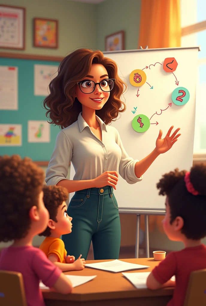 Cute teacher with curly hair wearing glasses teaching about 8 parts of speech with illustrations on the white board to her childrens in the classroom