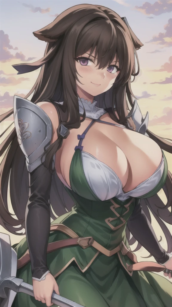 masterpiece,best quality,kim_kwang_hyun, 1girl,kashino, Brown Long hair, big busty , large huge breasts, looking at viewer, pink eyes, Brown Long hair, bangs, large huge breasts, long sleeves, dress, cleavage, closed mouth, Long weapon((sword)), puffy sleeves, arm up, clothing cutout, copyright name, green dress, cleavage cutout, juliet sleeves , power armor, shoulder armor, Brown long hair, smirk, pink eyes