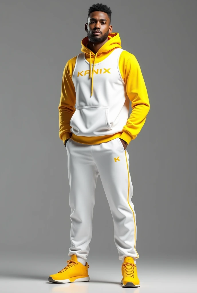 White and yellow basketball warm-up clothing, modern style for men, name brand "KANIX" no other name or brand, long pants.