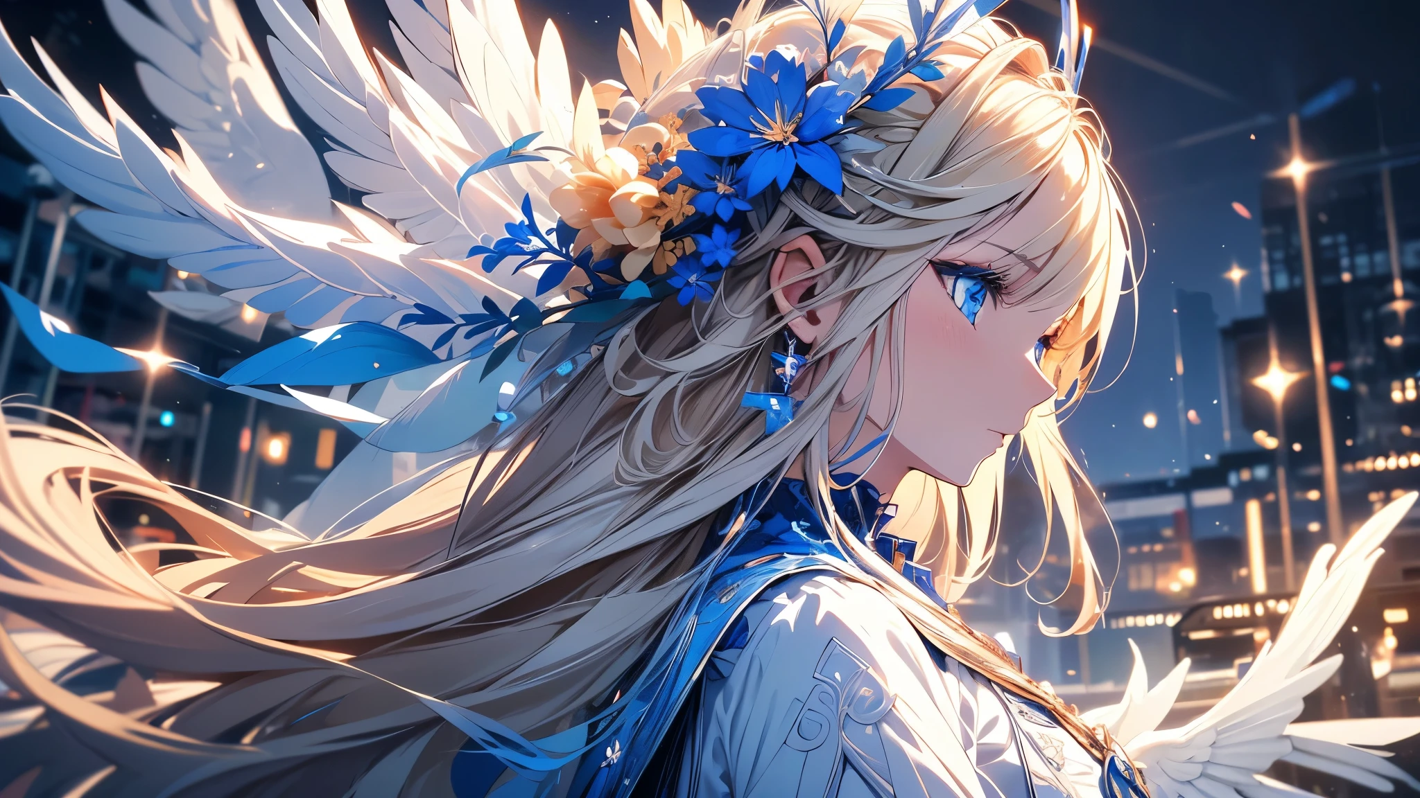 4K quality:1.2, Super beautiful illustration:1.2, seraphim,((white wings on back)), blond, long hair styles, ((Beautiful cobalt blue eyes:1.2)), sky