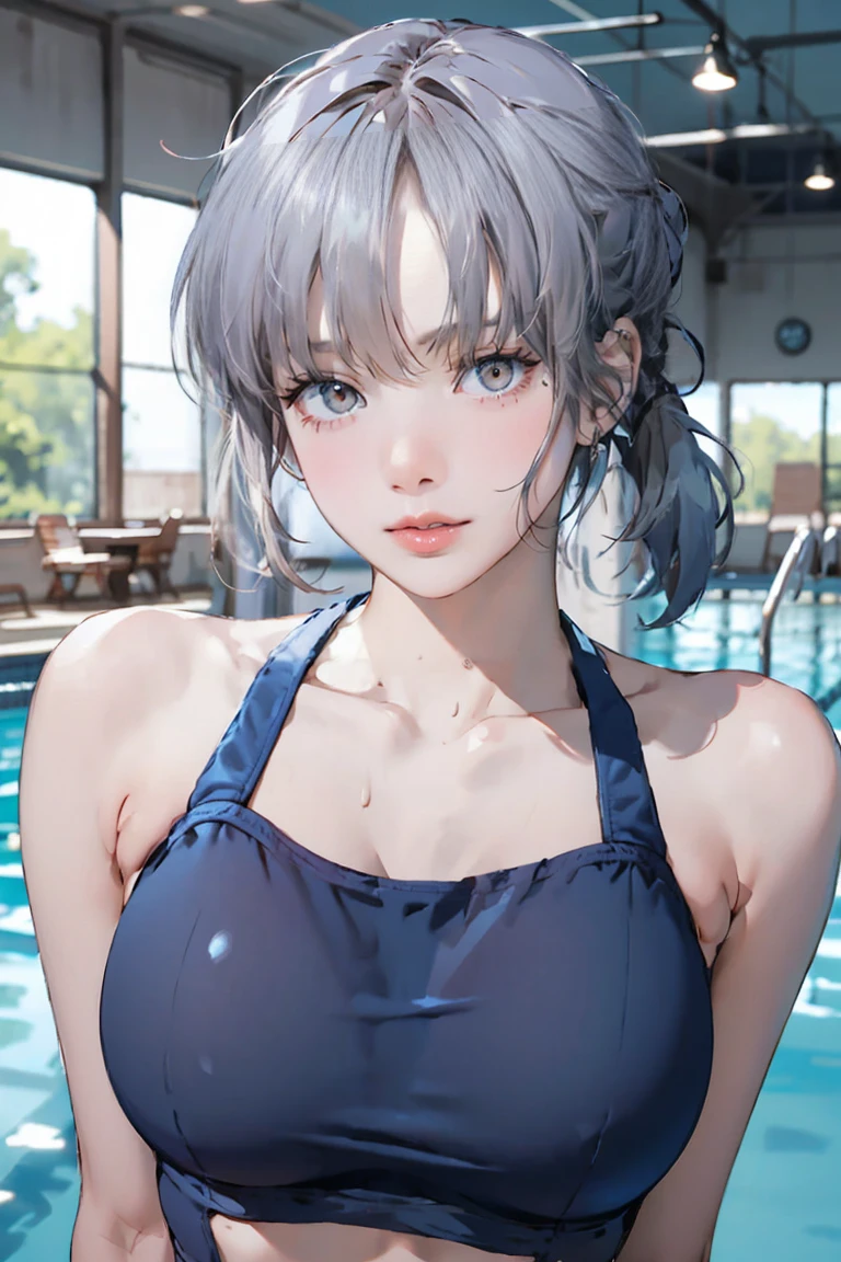 (masterpiece,Highest quality,Ultra-high resolution), (((Very clean))), Silver Hair、 ((Beautiful low ponytail)), Very cute face, Glossy Lips, Large Breasts、 Natural Makeup, Long eyelashes, Shiny and smooth hair、Center image, Perfect limbs, Perfect Anatomy,(((Navy school swimsuit)))、((See through)),Sweat,tall,Pool,Erect nipples,See-through