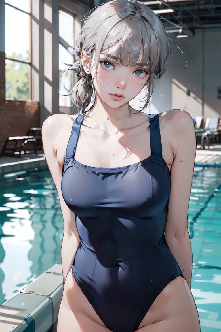 (masterpiece,Highest quality,Ultra-high resolution), (((Very clean))), Silver Hair､ ((Beautiful low ponytail)), Very cute face, Glossy Lips, Large Breasts、 Natural Makeup, Long eyelashes, Shiny and smooth hair､Center image, Perfect limbs, Perfect Anatomy,(((Navy school swimsuit)))、((See through)),Sweat,tall,Pool,Erect nipples,See-through