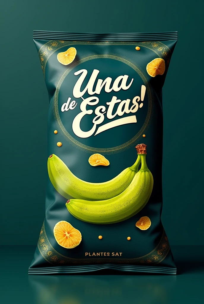 Create a packaging design for green plantain chips, With the name of :ONE OF THESE! In Spanish and with the colors blue, black and gold