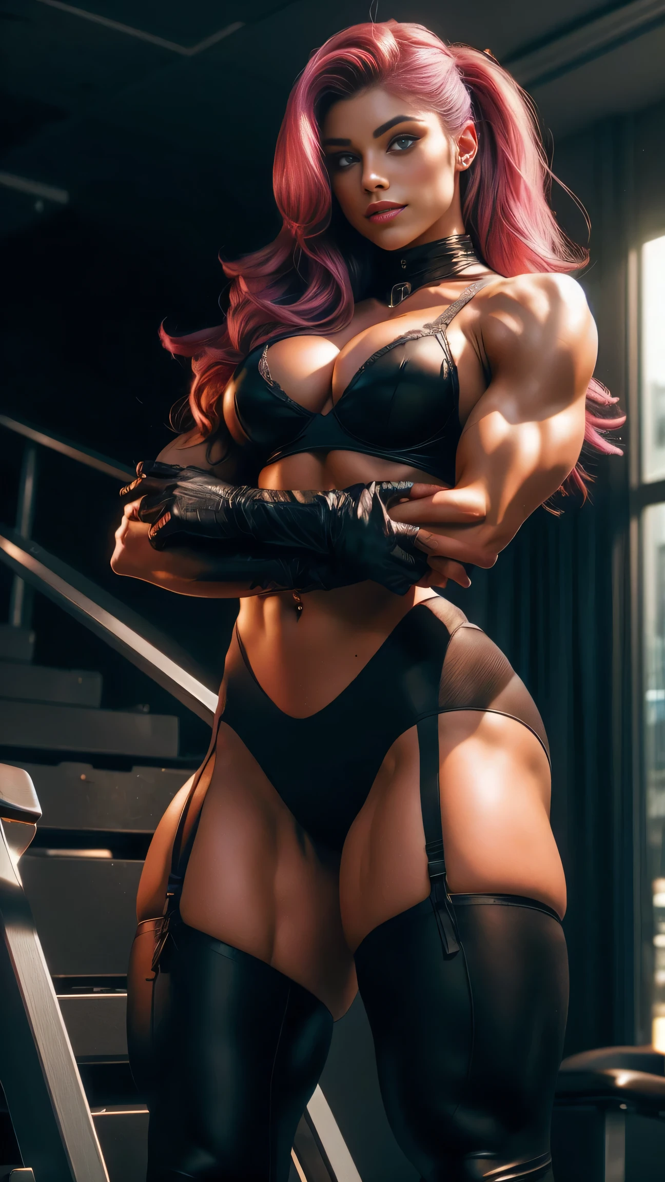 (Gorgeous: 1.2), (long wave pink hair 1.4), ponytail, light blue eyes, seductively smiling, flirtatious, abs, full length body, purple lateks bra, purple latex stockings, and purple open high heel boots, purple gloves on the arms, lingrie with garters, (background in the gym), (Ultra Realistic:1.4), Photorealism, Photography, 8K UHD, Photo, HDR, Highly Detailed, Sharp Focus, Stunning, Beautiful, (Gorgeous: 1.2), Best Quality 1:1, Ultra Detail: 1.4, Best Shadows, (8k: 1.1), (beautiful detailed face), high contrast, (perfect lighting: 1.2), ((cinematic light)), colorful, hyper-detail, dramatic light, intricate detail, photograph by arny freytag, glamorous, (realistic, photo-realistic:1.37),(8k, RAW photo, best quality, masterpiece:1.2)