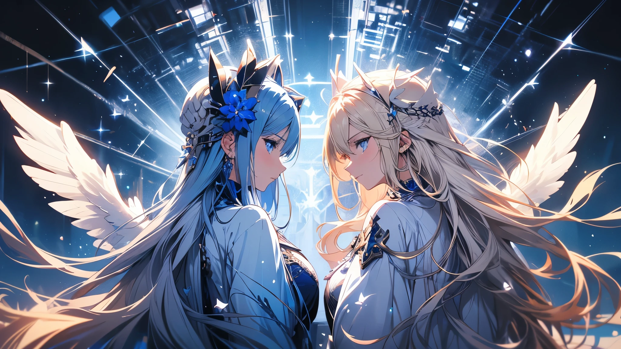 4K quality:1.2, Super beautiful illustration:1.2, seraphim,((white wings on back)), blond, long hair styles, ((Beautiful cobalt blue eyes:1.2)), sky