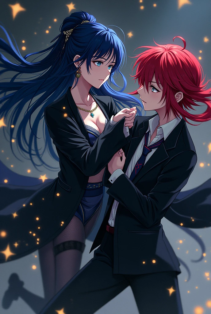 A princess with long dark blue hair and blue eyes in a black kimono suit and is fighting with an Assassin with red hair and white eyes in an anime manga version suit and everything is dark with bright yellow stars.