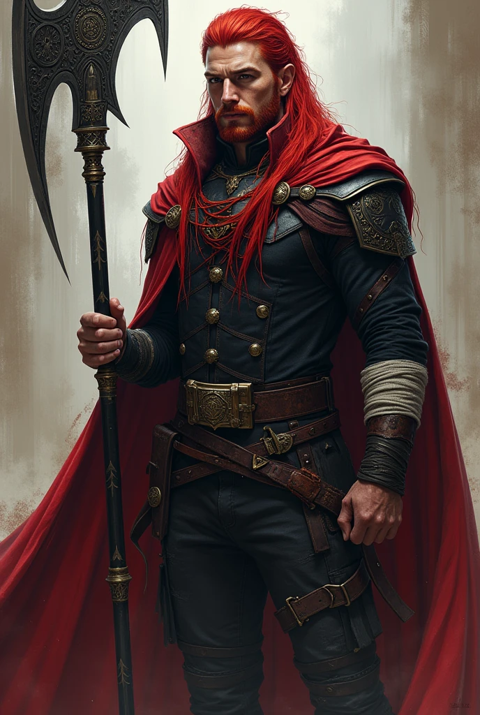 Morgan, the Crimson Red, is a towering figure at 1.92 meters, with striking, long red hair that flows down to his shoulders in wild, untamed locks. His clean-shaven face exudes both rugged strength and a calm, noble demeanor, highlighting his sharp, distinguished features.
He wears a black military lieutenant uniform, which bears the scars of countless battles. His outfit is tattered, with one sleeve of his cape intact and the other ripped, symbolizing his relentless struggles. Bandages and cloth strips are wrapped around his arms and torso, evidence of his constant injuries and the trials he has endured.
Morgan’s appearance is further defined by the Scarlet Blood Curse, a consequence of a failed experiment by scientists who sought to harness the power of a mystical creature. This curse granted him rapid regeneration and a life-draining ability linked to his weapon. His halberd, named Murmurius, absorbed part of this curse, becoming a living extension of the dark power. The weapon's design is both menacing and majestic, with dark, intricate engravings that pulse with an eerie light, reflecting its sinister nature.
Morgan’s presence is a blend of battle-hardened resilience and the dark, cursed essence that defines him. His tattered uniform, bandages, and the ominous Murmurius create a powerful and haunting image, and the dark forces that bind him.
I would like it to be in a mature style, with the art in a fantasy and RPG style set in the Old West.