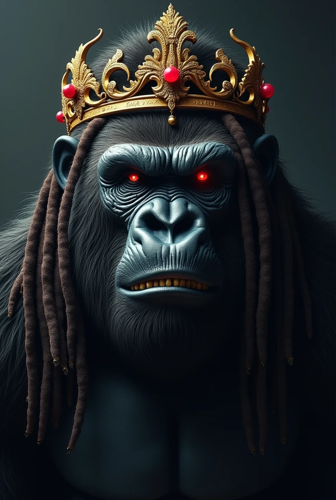 Create a gorilla head wearing a crown and has dread with a dark closed mouth huge smile and deep dark stare with his deep glowing Red eyes