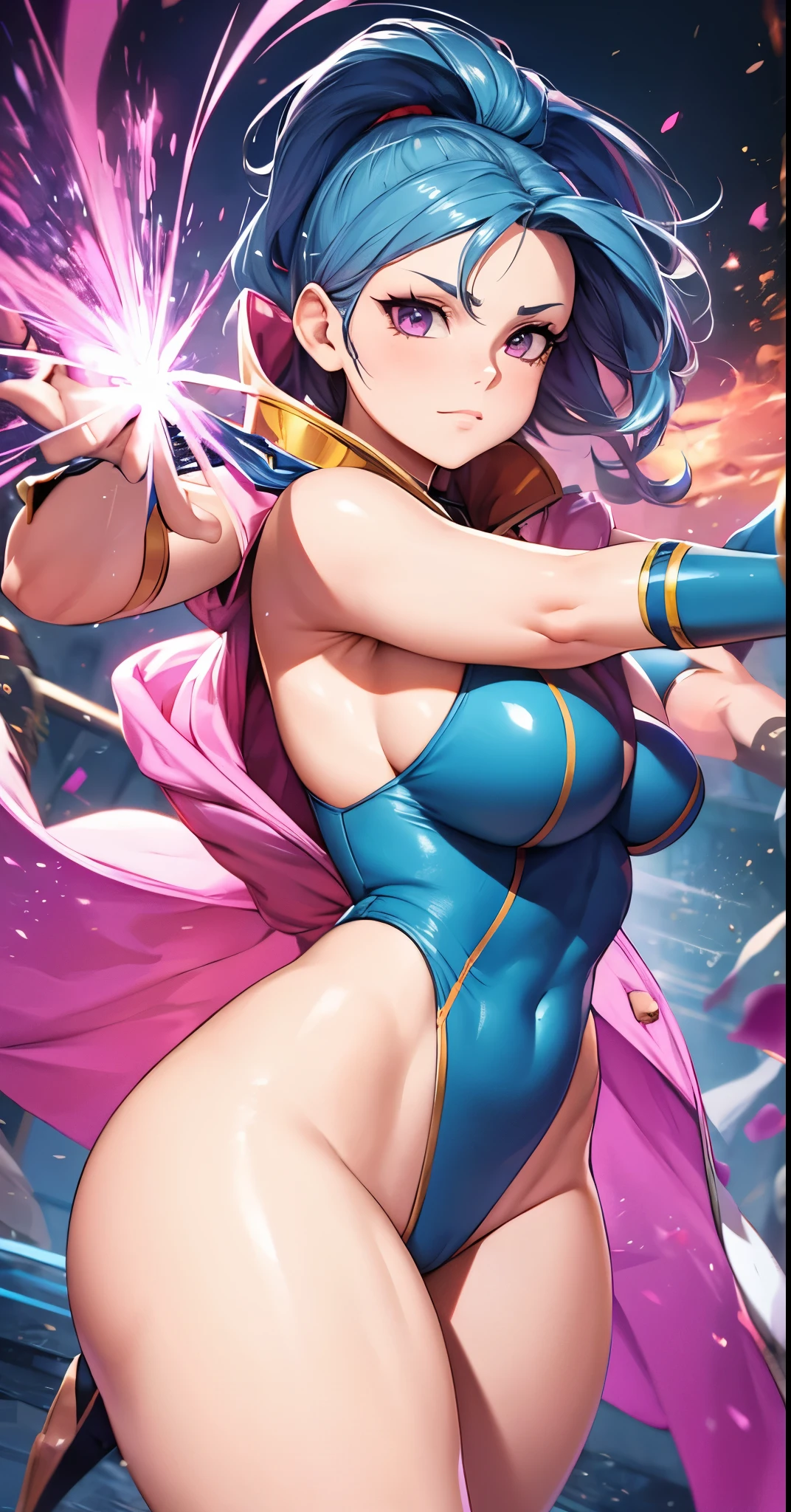 an energetic magical-girl in a battle pose, highly textured skin, anti-aliasing, color-graded, floating motes, dynamic volumetric lighting, nikon D850
