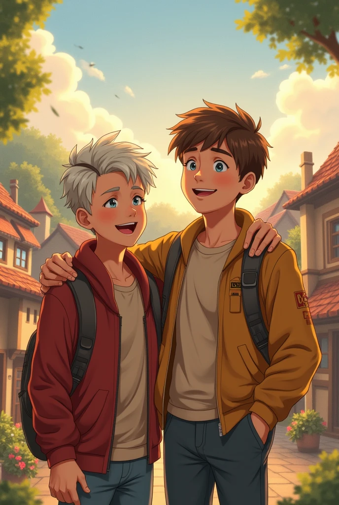 The two boys older, standing together with the village in the background, symbolizing their lasting friendship.
A heartwarming conclusion to the story.