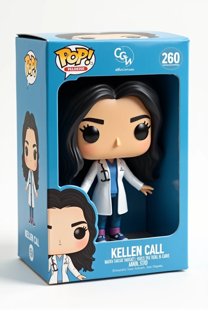 Create a Funko Pop of a kellen call, Brunetette, with slanted eyes, long black hair, dressed as a doctor. Funk must be presented inside and outside a blue box "unlimited editing". The box must also allow viewing of the funko, Typography, the rendering must be in 3D with a white background