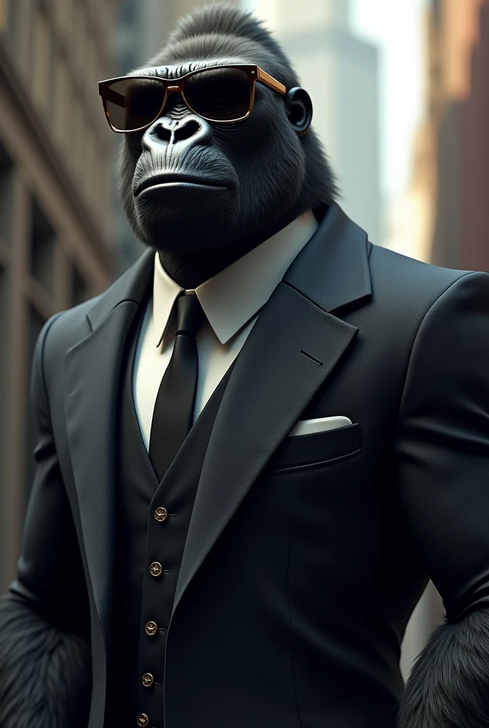 A super cool gorilla wearing sunglasses and a suit, 45° angle