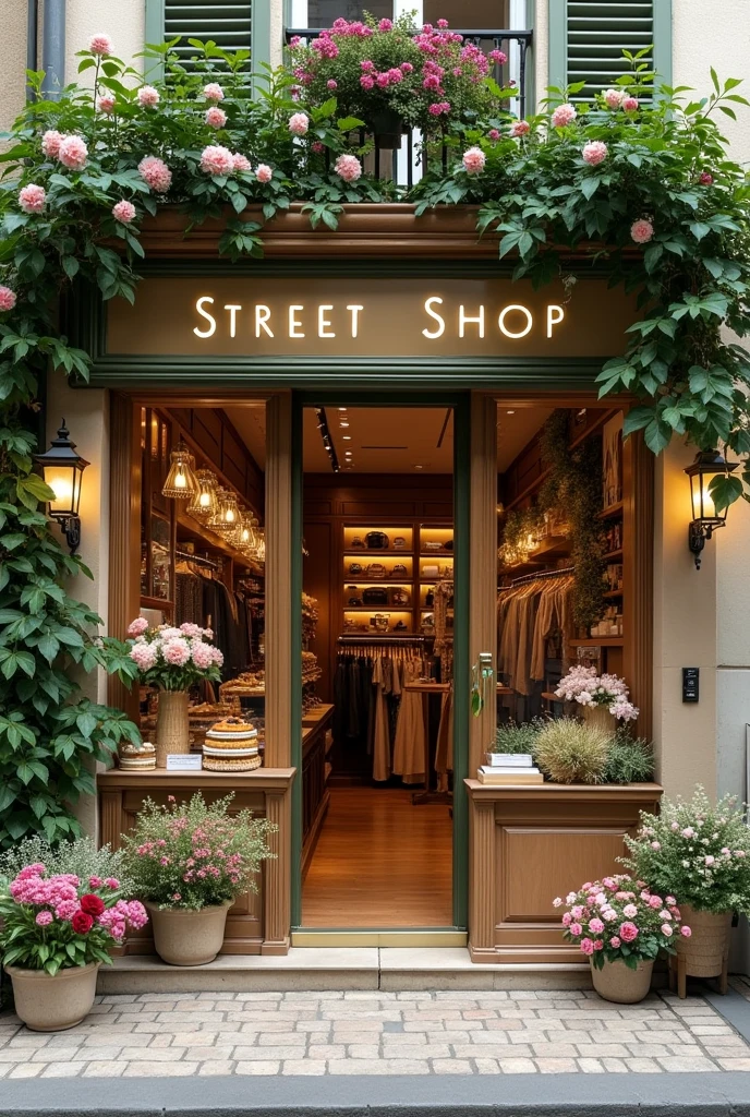 Create a street shop theme based on nature with earthy tones ,some shades of green . amalgamation of multiple business at one stop to increase sale of clothing garments with paris strrt look  . Include some pastry cookies and pasta shop  , bouquet shop to increase sale of garments showcase for exhibition. Beautiful as well so that crowd get attracts.create a look luxurious clothing store of 60 % area and 20 % for cookies ,cake ,pasta ,pizza and coffee bakery shop and 20 % for bouquet shop. To attract elite class crowd.