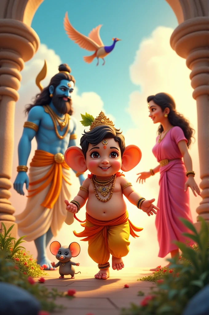 "Create a vibrant and playful scene depicting the story of Bal Ganesh winning the mango. Show young Lord Ganesha, with his round belly and adorable childlike features, calmly walking around his parents, Lord Shiva and Goddess Parvati, with a wise and joyful expression on his face. His mouse companion follows him, looking determined. In the background, depict Kartikeya flying on his swift peacock, racing around the world. Lord Shiva and Parvati are smiling warmly, filled with pride and love for Ganesha's wisdom. The setting should be heavenly, with soft clouds and a golden glow, symbolizing the divine nature of the event."