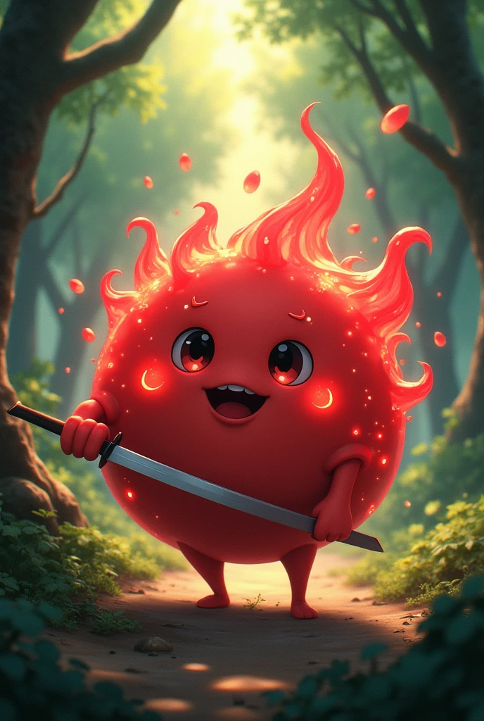 Soul eater soul, round, no legs, soul eater art style, made of soul, red aura, adorable, semi realistic, ghibli, princess mononoke, spirit, excited eyes, holding sword
