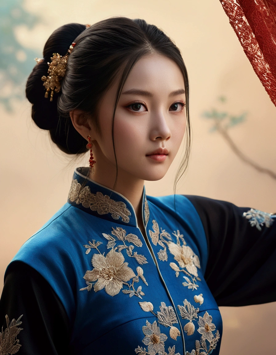 A girl, traditional Chinese blue dress with long black sleeves, realistic face, 4K, detailed portrait, detailed facial features, intricate embroidery, flowing fabric, beautiful ornaments, delicate skin, natural lighting, warm color palette, cinematic composition, photorealistic, masterpiece, ultra-detailed