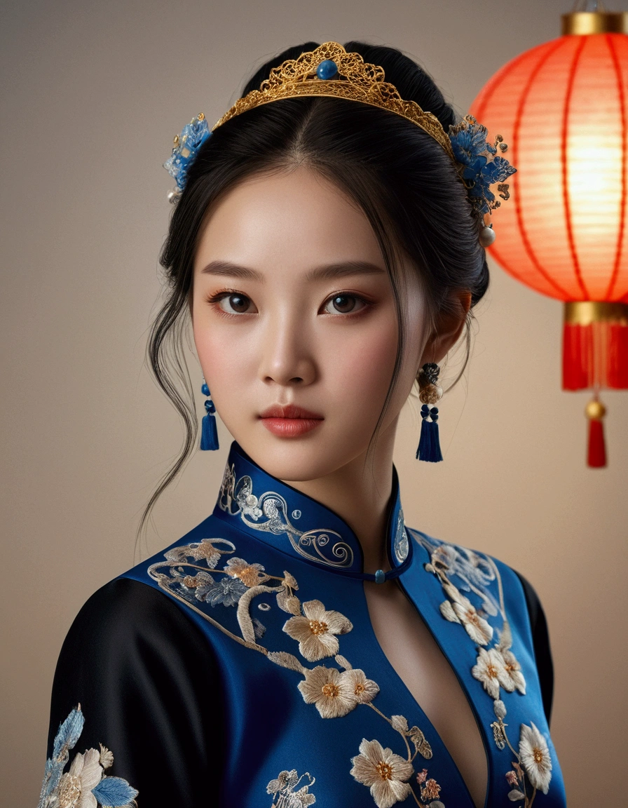 A girl, traditional Chinese blue dress with long black sleeves, realistic face, 4K, detailed portrait, detailed facial features, intricate embroidery, flowing fabric, beautiful ornaments, delicate skin, natural lighting, warm color palette, cinematic composition, photorealistic, masterpiece, ultra-detailed