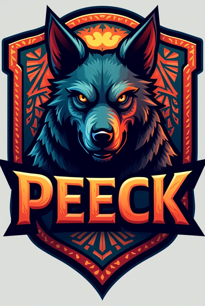 mayan style dog logo, for a sports team named Peeck that has striking colors but the dog looks imposing and that everything is surrounded by a border in the shape of a Mayan shield that has the name Peeck with striking words that the border has more Aztec details