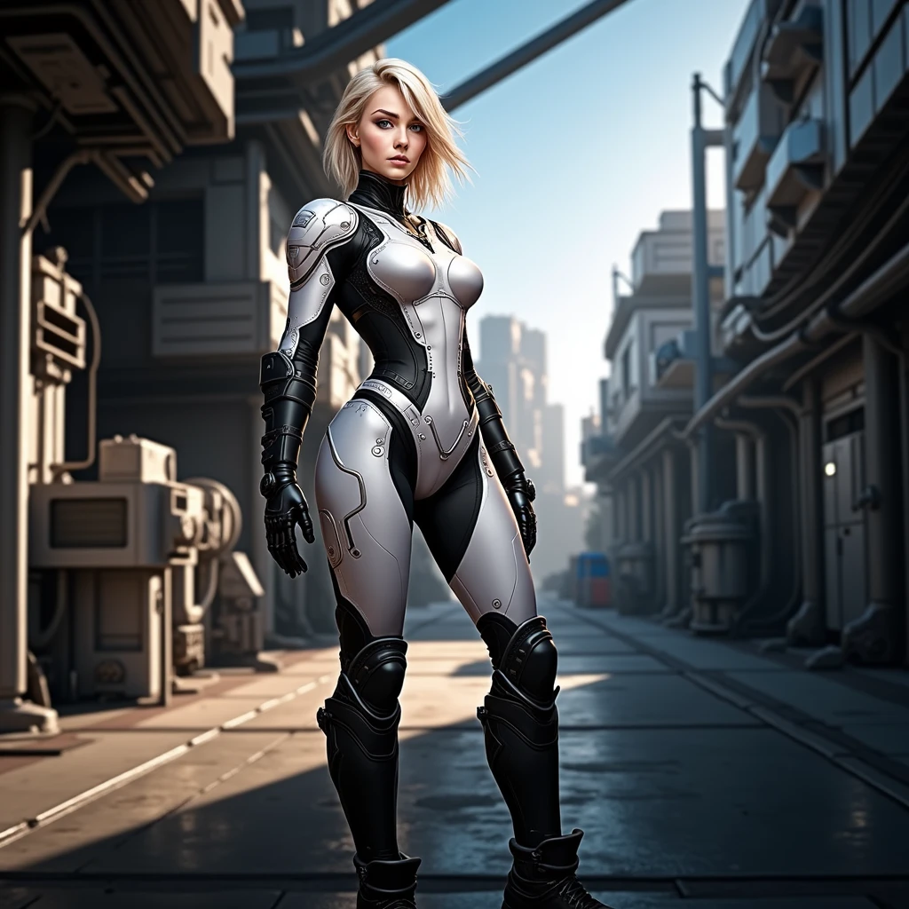 A blonde girl with an angelic face, Female soldier wearing a tight futuristic body suit., with military-type boots.