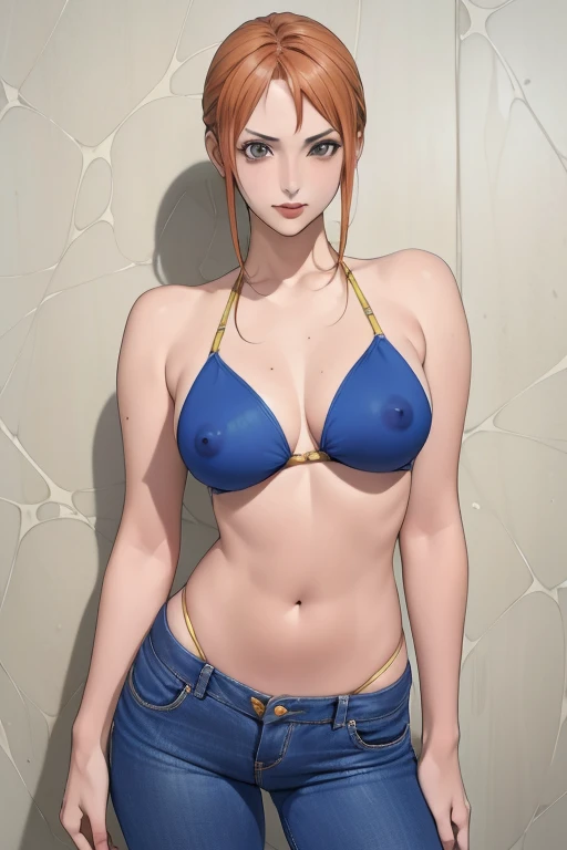 (masterpiece, Highest quality),Mature Woman,2,Pointed nipples,Cartoon photo of a woman in a bikini top and jeans, Manga inspired anime drawings, Pixiv, Self-sastructing art, Fascinating anime, Nami One Piece, Biomechanical , Nami from One Piece, Pixiv 3dcg, , I also make fan art, top rated on PixivNami,
