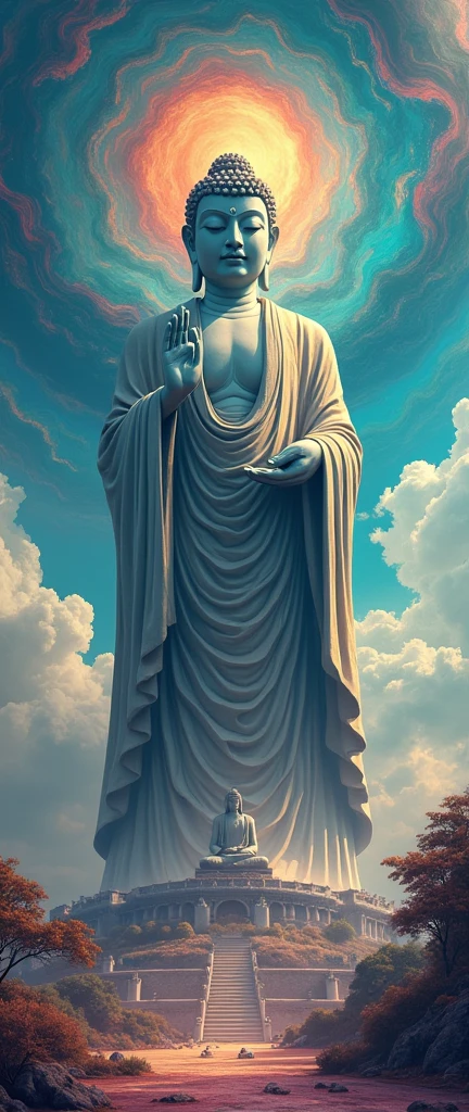 an epic scene with a huge standing buddha statue, peace hand sign, low camera angle, psychedelic patterns, 4k
