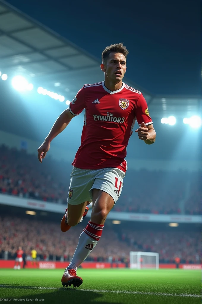 A realistic image of Jude Bellingham, a professional footballer, wearing his team’s jersey on a stadium field. He is depicted in an action pose, possibly after scoring a goal, with a determined expression. The background shows a large football stadium filled with fans under bright stadium lights, giving a sense of a lively night match. The details of the stadium and the crowd should be visible but not overpower the focus on Jude Bellingham.