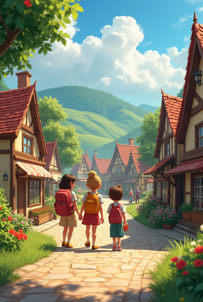 Two girls and a boy arriving at a village