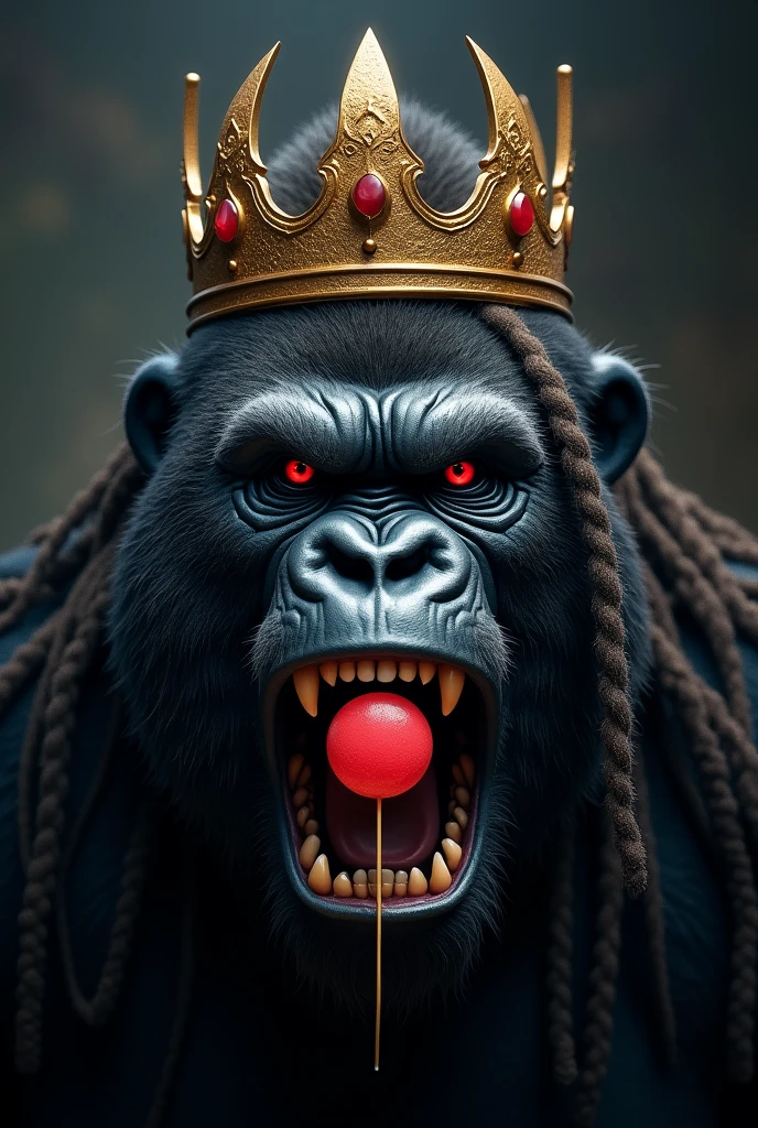 Create a gorilla head wearing a crown and has dread with a dark closed mouth huge smile with a lollipop in the mouth and deep dark stare with his deep glowing Red eyes
