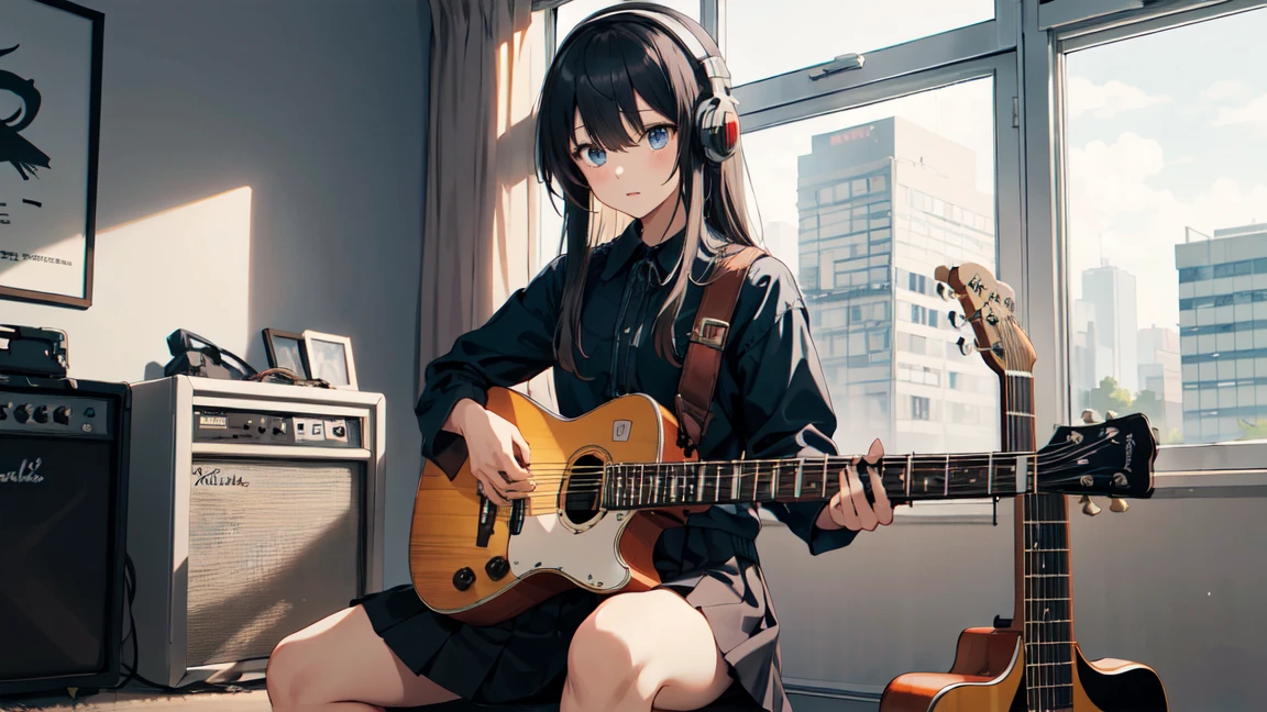 ((masterpiece,Highest quality)),One person, alone, Black Skirt, blue eyes, guitar, guitar, Headphones, Holding, Holding plectrum, musical instrument, Long, straight hair, music, One side up, Black Hair, Detailed fingers（アコースティックguitar、アコースティックguitarを抱える, アコースティックguitarの弦はまっすぐ）（Pleated skirt, oversized black shirt）, indoor ,(Adult),bangs,(Straight:1.5) room、roomのベットに座っている、