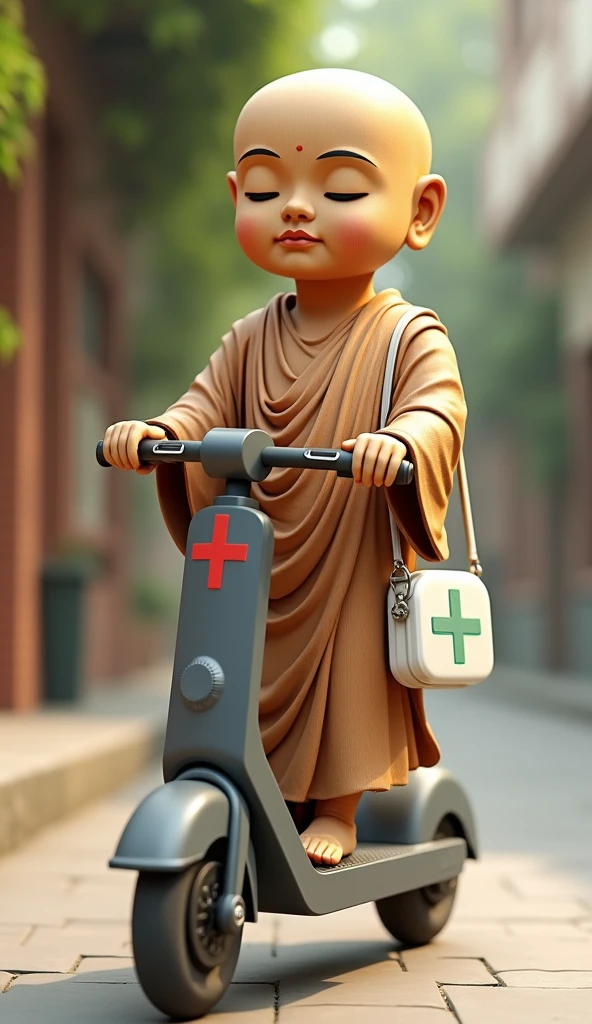 An woody Buddha statue riding an electric kick scooter. He is hanging a white shoulder bag with green cross mark from his shoulder. The electric scooter has a red cross mark In front place. Cute cartoon. 3D rendering