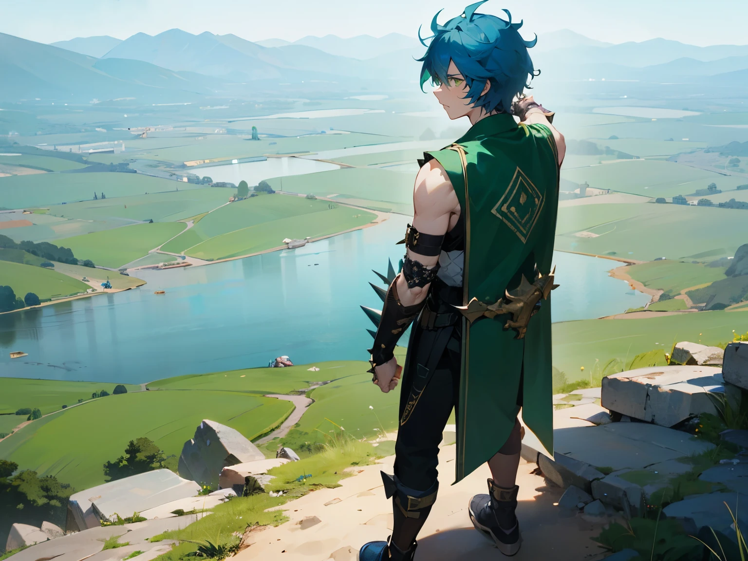1male , Blue Hair , Yellow Highlighted Hair , Messy Hair , Jade Green Spiked Armguard on one arm , White Fitted Yukata , Green Eyes , Serious Expression , Standing on a rock path in a lake