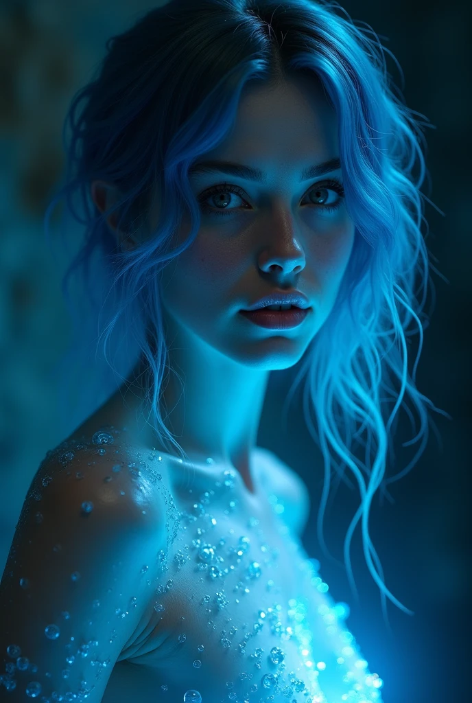 (Facing Viewer), Nude, half body, close up, glowing woman in ocean blue, blue hair, ethereal light, dark background, intense light, surreal atmosphere, digital art, dramatic lighting, detailed textures, ultra-high resolution