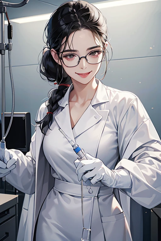 A mature woman in a white lab coat with her black hair tied up and glasses is wearing long white rubber gloves, holding a syringe in her hand, and smiling seductively with her tongue out in an operating room.　