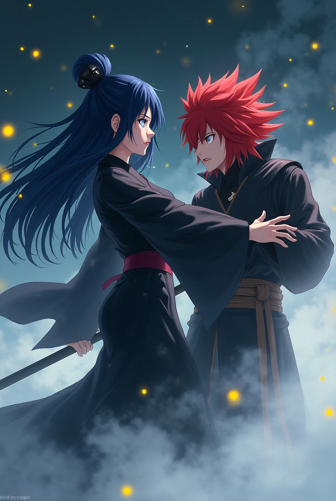 A princess with long dark blue hair and blue eyes in a black kimono suit and is fighting with an Assassin with red hair and white eyes in an anime manga version suit and there is fog and everything is dark with bright yellow stars, a princess and an Assassin fighting.