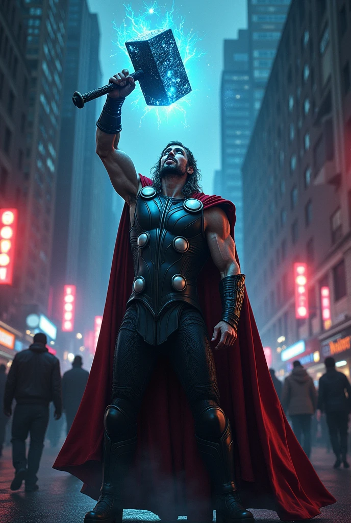 Evil Thor with blue eyes with rapist and psycho killer look with Mjollnir kill civilians in new york city during night with red and blue light