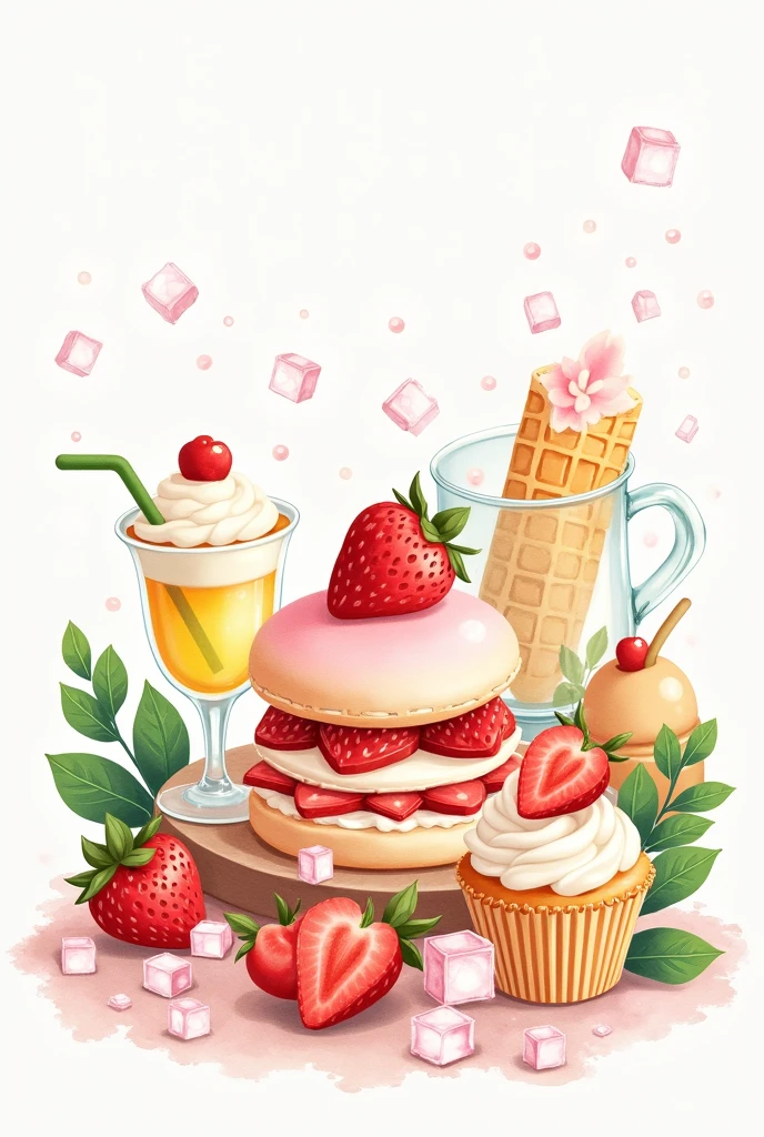 （pastel colour:1.2)、(Cute illustrations:1.2)、(Watercolor:1.2)、White Background、Floral、Green leaves、strawberry, fruit、Shortcake、citric acid、acid、甘acidっぱい、pale pinkish green throughout,,、waffle、bread、cooking、cupcake、tiramisu、Cream cake、Confectionery、high tea、sweet、Particles of light、drink、ice cube、still life photography