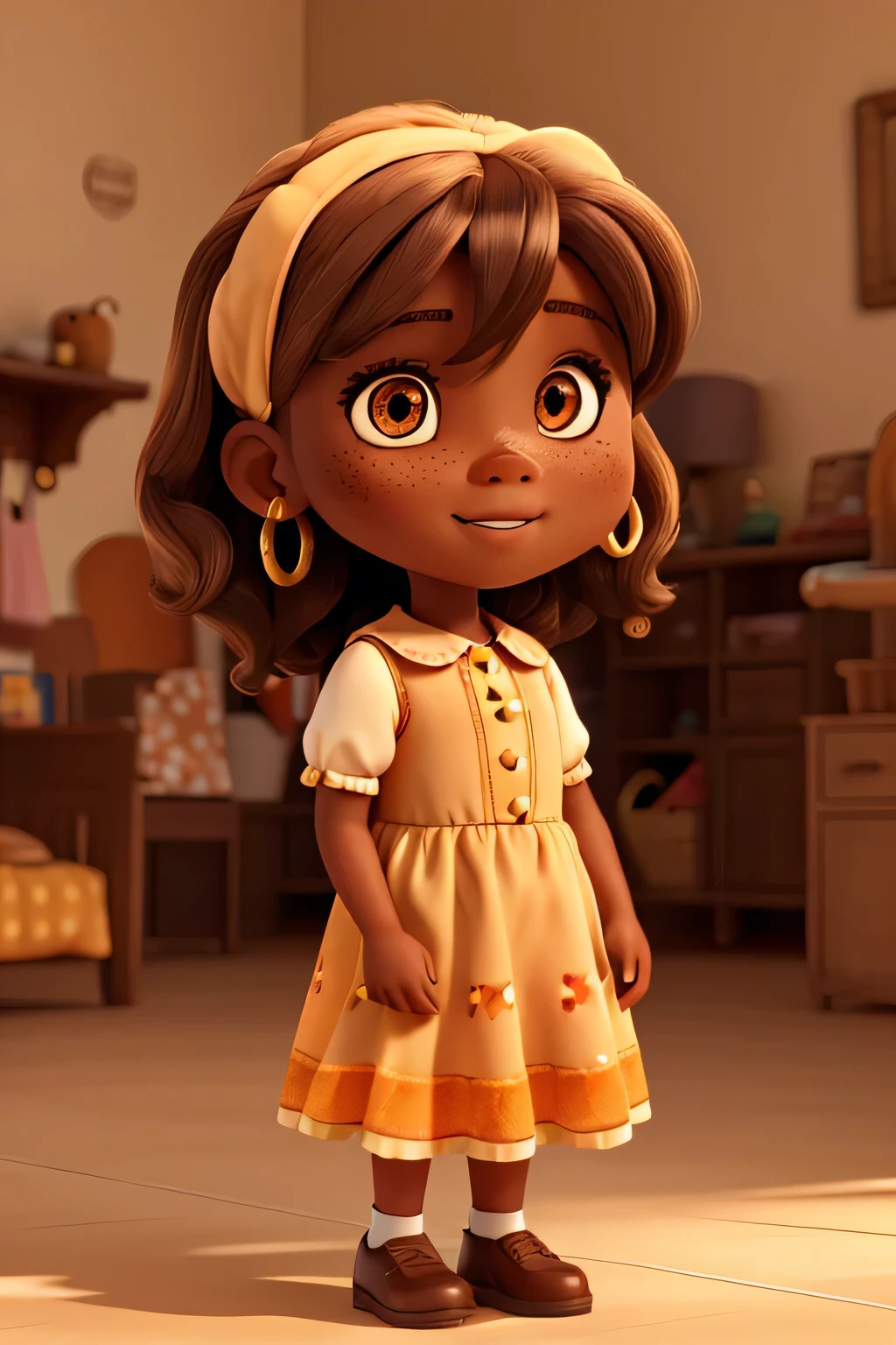 Young girl, 1
, chocolate-colored hair, freckles, orange-colored eyes, large gold-colored earrings, cream-colored skin, brown-colored short-sleeved dress, black heels