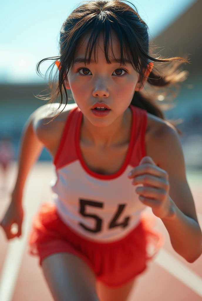 (masterpiece,best quality:1.4),(8k,raw photo,photo realistic:1.2),shiny skin,detailed skin,detailed face,detailed eyes,Detailed hands,Detailed Background、1girl,Japanese idol,(beautiful face),(Shining Eyes:1.1),、、Symmetrical eyes、、Great background、Great location、((Cute Costumes))、(Detailed and very cute,,Junior idol,)、A girl running at a sports meet,Hair flying in the strong wind,Full body portrait,,Mysterious,Charming,nswf,sexy Instagram style