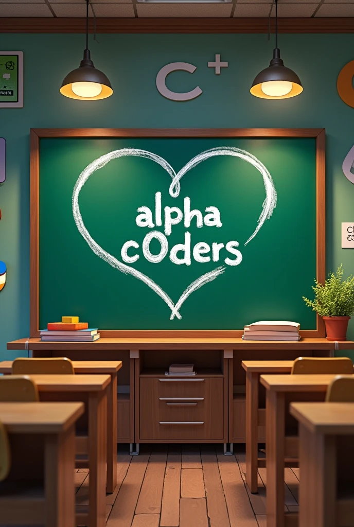 a green blackboard in a classroom with the text "alpha C0ders" written in chalk and enclosed inside a heart. On the walls the logos of Python, JavaScript, C and C++. Detailed, realistic, photorealistic classroom, best quality, 8k, physically based ultra-detailed rendering, vivid and professional colors, studio lighting, intricate details
