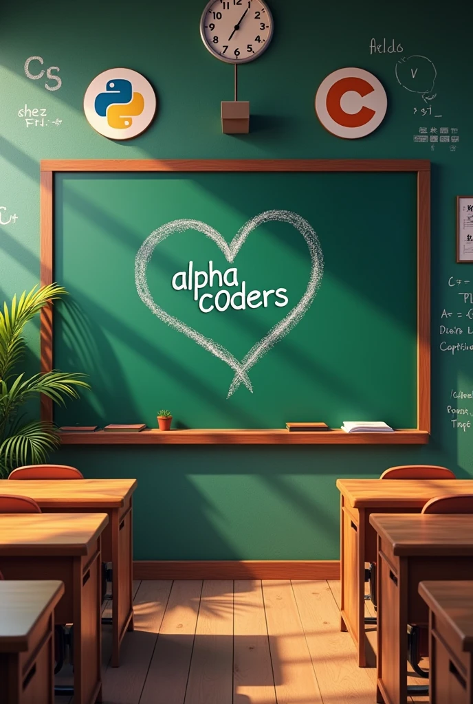 a green blackboard in a classroom with the text "alpha C0ders" written in chalk and enclosed inside a heart. On the walls the logos of Python, JavaScript, C and C++. Detailed, realistic, photorealistic classroom, best quality, 8k, physically based ultra-detailed rendering, vivid and professional colors, studio lighting, intricate details